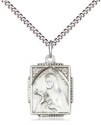 [0804TESS/18S] Sterling Silver Saint Therese Pendant on a 18 inch Light Rhodium Light Curb chain