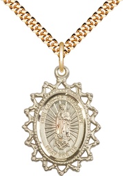 [1619FGF/24G] 14kt Gold Filled Our Lady of Guadalupe Pendant on a 24 inch Gold Plate Heavy Curb chain