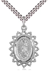 [1619FSS/24S] Sterling Silver Our Lady of Guadalupe Pendant on a 24 inch Light Rhodium Heavy Curb chain