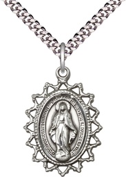 [1619MSS/24S] Sterling Silver Miraculous Pendant on a 24 inch Light Rhodium Heavy Curb chain