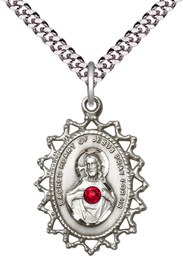 [1619SSS-STN7/24S] Sterling Silver Scapular w/ Ruby Stone Pendant with a 3mm Ruby Swarovski stone on a 24 inch Light Rhodium Heavy Curb chain