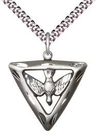 [1630SS/24S] Sterling Silver Holy Spirit Triangle Pendant on a 24 inch Light Rhodium Heavy Curb chain