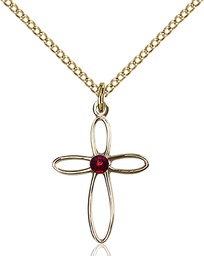 [1707GF-STN1/18GF] 14kt Gold Filled Loop Cross Pendant with a 3mm Garnet Swarovski stone on a 18 inch Gold Filled Light Curb chain