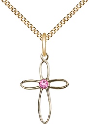 [1707GF-STN10/18G] 14kt Gold Filled Loop Cross Pendant with a 3mm Rose Swarovski stone on a 18 inch Gold Plate Light Curb chain