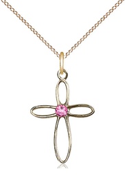 [1707GF-STN10/18GF] 14kt Gold Filled Loop Cross Pendant with a 3mm Rose Swarovski stone on a 18 inch Gold Filled Light Curb chain