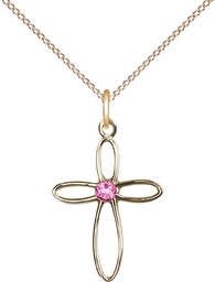 [1707GF-STN10/18GF] 14kt Gold Filled Loop Cross Pendant with a 3mm Rose Swarovski stone on a 18 inch Gold Filled Light Curb chain