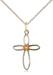 [1707GF-STN11/18GF] 14kt Gold Filled Loop Cross Pendant with a 3mm Topaz Swarovski stone on a 18 inch Gold Filled Light Curb chain