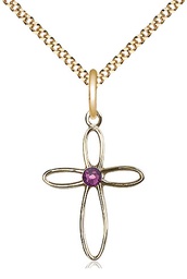 [1707GF-STN2/18G] 14kt Gold Filled Loop Cross Pendant with a 3mm Amethyst Swarovski stone on a 18 inch Gold Plate Light Curb chain