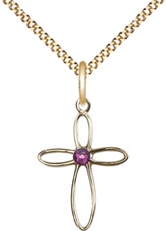 [1707GF-STN2/18G] 14kt Gold Filled Loop Cross Pendant with a 3mm Amethyst Swarovski stone on a 18 inch Gold Plate Light Curb chain