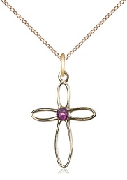 [1707GF-STN2/18GF] 14kt Gold Filled Loop Cross Pendant with a 3mm Amethyst Swarovski stone on a 18 inch Gold Filled Light Curb chain