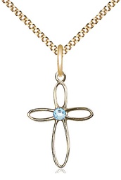 [1707GF-STN3/18G] 14kt Gold Filled Loop Cross Pendant with a 3mm Aqua Swarovski stone on a 18 inch Gold Plate Light Curb chain