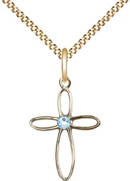 [1707GF-STN3/18G] 14kt Gold Filled Loop Cross Pendant with a 3mm Aqua Swarovski stone on a 18 inch Gold Plate Light Curb chain