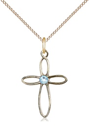 [1707GF-STN3/18GF] 14kt Gold Filled Loop Cross Pendant with a 3mm Aqua Swarovski stone on a 18 inch Gold Filled Light Curb chain