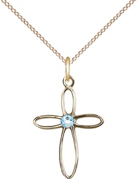 [1707GF-STN3/18GF] 14kt Gold Filled Loop Cross Pendant with a 3mm Aqua Swarovski stone on a 18 inch Gold Filled Light Curb chain