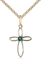 [1707GF-STN5/18G] 14kt Gold Filled Loop Cross Pendant with a 3mm Emerald Swarovski stone on a 18 inch Gold Plate Light Curb chain