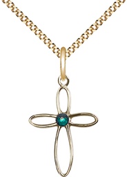 [1707GF-STN5/18G] 14kt Gold Filled Loop Cross Pendant with a 3mm Emerald Swarovski stone on a 18 inch Gold Plate Light Curb chain