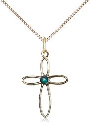 [1707GF-STN5/18GF] 14kt Gold Filled Loop Cross Pendant with a 3mm Emerald Swarovski stone on a 18 inch Gold Filled Light Curb chain