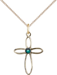 [1707GF-STN5/18GF] 14kt Gold Filled Loop Cross Pendant with a 3mm Emerald Swarovski stone on a 18 inch Gold Filled Light Curb chain