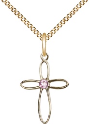 [1707GF-STN6/18G] 14kt Gold Filled Loop Cross Pendant with a 3mm Light Amethyst Swarovski stone on a 18 inch Gold Plate Light Curb chain