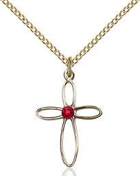 [1707GF-STN7/18GF] 14kt Gold Filled Loop Cross Pendant with a 3mm Ruby Swarovski stone on a 18 inch Gold Filled Light Curb chain