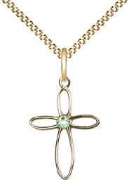 [1707GF-STN8/18G] 14kt Gold Filled Loop Cross Pendant with a 3mm Peridot Swarovski stone on a 18 inch Gold Plate Light Curb chain