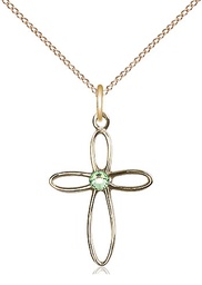 [1707GF-STN8/18GF] 14kt Gold Filled Loop Cross Pendant with a 3mm Peridot Swarovski stone on a 18 inch Gold Filled Light Curb chain