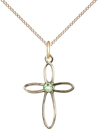 [1707GF-STN8/18GF] 14kt Gold Filled Loop Cross Pendant with a 3mm Peridot Swarovski stone on a 18 inch Gold Filled Light Curb chain