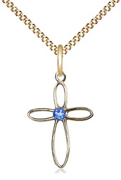 [1707GF-STN9/18G] 14kt Gold Filled Loop Cross Pendant with a 3mm Sapphire Swarovski stone on a 18 inch Gold Plate Light Curb chain