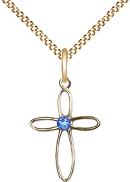 [1707GF-STN9/18G] 14kt Gold Filled Loop Cross Pendant with a 3mm Sapphire Swarovski stone on a 18 inch Gold Plate Light Curb chain