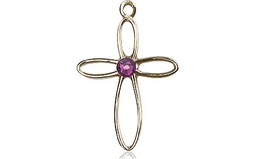 [1707KT-STN2] 14kt Gold Loop Cross Medal with a 3mm Amethyst Swarovski stone