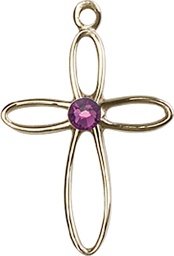 [1707KT-STN2] 14kt Gold Loop Cross Medal with a 3mm Amethyst Swarovski stone