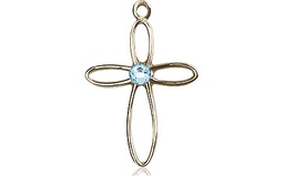 [1707KT-STN3] 14kt Gold Loop Cross Medal with a 3mm Aqua Swarovski stone