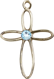 [1707KT-STN3] 14kt Gold Loop Cross Medal with a 3mm Aqua Swarovski stone