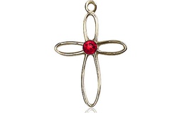 [1707KT-STN7] 14kt Gold Loop Cross Medal with a 3mm Ruby Swarovski stone