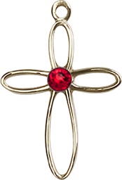 [1707KT-STN7] 14kt Gold Loop Cross Medal with a 3mm Ruby Swarovski stone