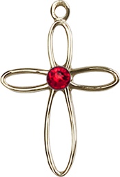 [1707KT-STN7] 14kt Gold Loop Cross Medal with a 3mm Ruby Swarovski stone