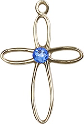 [1707KT-STN9] 14kt Gold Loop Cross Medal with a 3mm Sapphire Swarovski stone