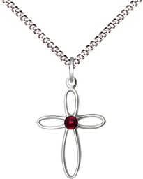 [1707SS-STN1/18S] Sterling Silver Loop Cross Pendant with a 3mm Garnet Swarovski stone on a 18 inch Light Rhodium Light Curb chain