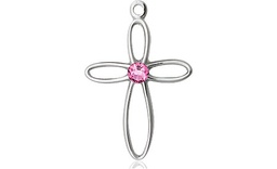 [1707SS-STN10] Sterling Silver Loop Cross Medal with a 3mm Rose Swarovski stone