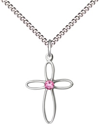 [1707SS-STN10/18S] Sterling Silver Loop Cross Pendant with a 3mm Rose Swarovski stone on a 18 inch Light Rhodium Light Curb chain