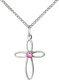 [1707SS-STN10/18SS] Sterling Silver Loop Cross Pendant with a 3mm Rose Swarovski stone on a 18 inch Sterling Silver Light Curb chain