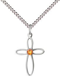 [1707SS-STN11/18S] Sterling Silver Loop Cross Pendant with a 3mm Topaz Swarovski stone on a 18 inch Light Rhodium Light Curb chain