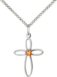 [1707SS-STN11/18SS] Sterling Silver Loop Cross Pendant with a 3mm Topaz Swarovski stone on a 18 inch Sterling Silver Light Curb chain