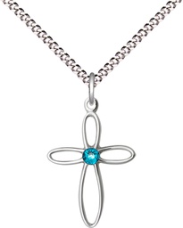 [1707SS-STN12/18S] Sterling Silver Loop Cross Pendant with a 3mm Zircon Swarovski stone on a 18 inch Light Rhodium Light Curb chain