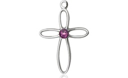 [1707SS-STN2] Sterling Silver Loop Cross Medal with a 3mm Amethyst Swarovski stone