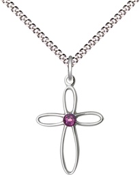 [1707SS-STN2/18S] Sterling Silver Loop Cross Pendant with a 3mm Amethyst Swarovski stone on a 18 inch Light Rhodium Light Curb chain