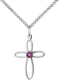 [1707SS-STN2/18SS] Sterling Silver Loop Cross Pendant with a 3mm Amethyst Swarovski stone on a 18 inch Sterling Silver Light Curb chain