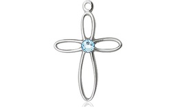 [1707SS-STN3] Sterling Silver Loop Cross Medal with a 3mm Aqua Swarovski stone