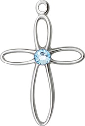 [1707SS-STN3] Sterling Silver Loop Cross Medal with a 3mm Aqua Swarovski stone