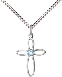 [1707SS-STN3/18S] Sterling Silver Loop Cross Pendant with a 3mm Aqua Swarovski stone on a 18 inch Light Rhodium Light Curb chain